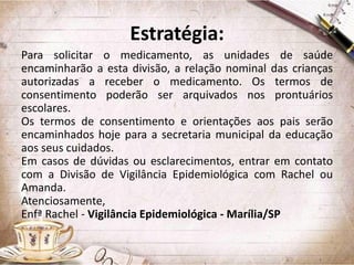 Estratégia:
Para solicitar o medicamento, as unidades de saúde
encaminharão a esta divisão, a relação nominal das crianças
autorizadas a receber o medicamento. Os termos de
consentimento poderão ser arquivados nos prontuários
escolares.
Os termos de consentimento e orientações aos pais serão
encaminhados hoje para a secretaria municipal da educação
aos seus cuidados.
Em casos de dúvidas ou esclarecimentos, entrar em contato
com a Divisão de Vigilância Epidemiológica com Rachel ou
Amanda.
Atenciosamente,
Enfª Rachel - Vigilância Epidemiológica - Marília/SP

 