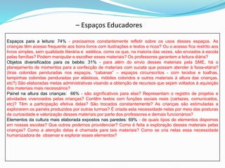 Espaços para a leitura: 74% - precisamos constantemente refletir sobre os usos desses espaços. As
crianças têm acesso frequente aos bons livros com ilustrações e textos e ricos? Ou o acesso fica restrito aos
livros simples, sem qualidade literária e estética, como os que, na maioria das vezes, são enviados à escola
pelas famílias? Podem manipular e escolher esses materiais? Os professores garantem a leitura diária?
Objetos diversificados para os bebês: 31% - para além do envio desses materiais pela SME, há o
planejamento de momentos para a confecção de materiais com sucata que possam atender à faixa-etária?
(tiras coloridas penduradas nos espaços, “cabanas” – espaços circunscritos - com tecidos e toalhas,
tampinhas coloridas penduradas por elásticos, móbiles coloridos e outros materiais à altura das crianças,
etc?) São elaboradas metas administrativas visando a obtenção de recursos que sejam voltados à aquisição
dos materiais mais necessários?
Painel na altura das crianças: 66% - são significativos para elas? Representam o registro de projetos e
atividades vivenciados pelas crianças? Contêm textos com funções sociais reais (cartazes, comunicados,
etc)? Têm a participação efetiva delas? São trocados constantemente? As crianças são estimuladas a
explorarem os painéis produzidos por outras turmas? É criada esta necessidade nelas por meio das posturas
de curiosidade e valorização desses materiais por parte dos professores e demais funcionários?
Elementos da cultura mais elaborada expostos nas paredes: 69% - de quais tipos de elementos dispomos
em nossas escolas? Que outros podemos providenciar? Como é feita a exploração desses materiais pelas
crianças? Como a atenção delas é chamada para tais materiais? Como se cria nelas essa necessidade
humanizadora de observar e explorar esses elementos?
– Espaços Educadores
 