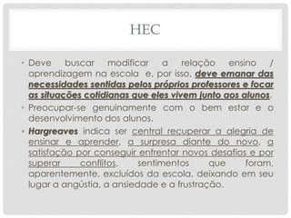 HEC
• Deve buscar modificar a relação ensino /
aprendizagem na escola e, por isso, deve emanar das
necessidades sentidas pelos próprios professores e focar
as situações cotidianas que eles vivem junto aos alunos.
• Preocupar-se genuinamente com o bem estar e o
desenvolvimento dos alunos.
• Hargreaves indica ser central recuperar a alegria de
ensinar e aprender, a surpresa diante do novo, a
satisfação por conseguir enfrentar novos desafios e por
superar conflitos, sentimentos que foram,
aparentemente, excluídos da escola, deixando em seu
lugar a angústia, a ansiedade e a frustração.
 