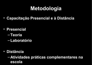 Metodologia Capacitação Presencial e à Distância Presencial Teoria Laboratório Distância Atividades práticas complementares na escola 