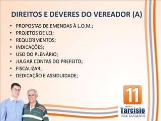 DIREITOS E DEVERES DO VEREADOR (A)
•   PROPOSTAS DE EMENDAS À L.O.M.;
•   PROJETOS DE LEI;
•   REQUERIMENTOS;
•   INDICAÇÕES;
•   USO DO PLENÁRIO;
•   JULGAR CONTAS DO PREFEITO;
•   FISCALIZAR;
•   DEDICAÇÃO E ASSIDUIDADE;
 