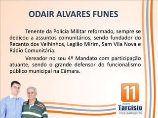 ODAIR ALVARES FUNES
      Tenente da Polícia Militar reformado, sempre se
dedicou a assuntos comunitários, sendo fundador do
Recanto dos Velhinhos, Legião Mirim, Sam Vila Nova e
Rádio Comunitária.
      Vereador no seu 4º Mandato com participação
atuante, sendo o grande defensor do funcionalismo
público municipal na Câmara.
 