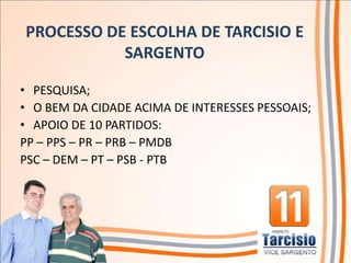 PROCESSO DE ESCOLHA DE TARCISIO E
           SARGENTO

• PESQUISA;
• O BEM DA CIDADE ACIMA DE INTERESSES PESSOAIS;
• APOIO DE 10 PARTIDOS:
PP – PPS – PR – PRB – PMDB
PSC – DEM – PT – PSB - PTB
 