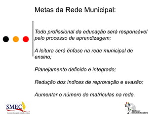 Metas da Rede Municipal:


Todo profissional da educação será responsável
pelo processo de aprendizagem;

A leitura será ênfase na rede municipal de
ensino;

Planejamento definido e integrado;

Redução dos índices de reprovação e evasão;

Aumentar o número de matrículas na rede.
 