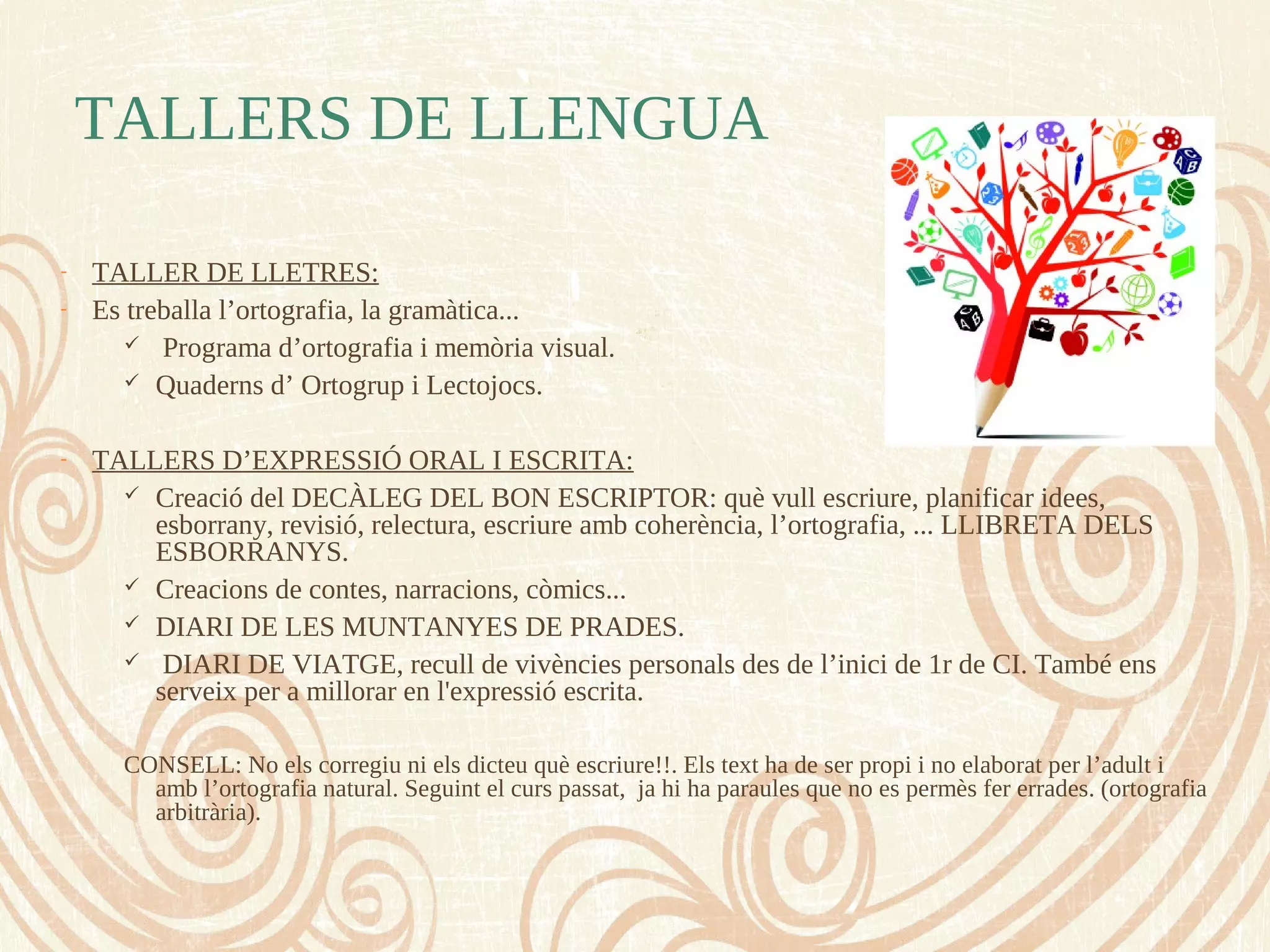 TALLERS DE LLENGUA
- TALLER DE LLETRES:
- Es treballa l’ortografia, la gramàtica...
 Programa d’ortografia i memòria visual.
 Quaderns d’ Ortogrup i Lectojocs.
- TALLERS D’EXPRESSIÓ ORAL I ESCRITA:
 Creació del DECÀLEG DEL BON ESCRIPTOR: què vull escriure, planificar idees,
esborrany, revisió, relectura, escriure amb coherència, l’ortografia, ... LLIBRETA DELS
ESBORRANYS.
 Creacions de contes, narracions, còmics...
 DIARI DE LES MUNTANYES DE PRADES.
 DIARI DE VIATGE, recull de vivències personals des de l’inici de 1r de CI. També ens
serveix per a millorar en l'expressió escrita.
CONSELL: No els corregiu ni els dicteu què escriure!!. Els text ha de ser propi i no elaborat per l’adult i
amb l’ortografia natural. Seguint el curs passat, ja hi ha paraules que no es permès fer errades. (ortografia
arbitrària).
 
