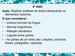 4º ANO
Ação: Realizar análises de textos destacando os
elementos coesivos.
O que considerar:
• - Indícios formais da língua.
• - Marcas linguísticas.
• - Relação semântica.
• - Ligação entre partes.
• - As partes de um texto são: orações, períodos,
frases, parágrafos, capítulos.
 