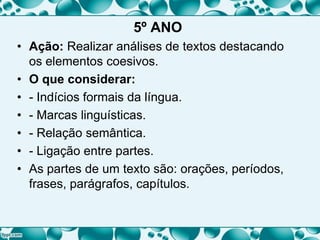 5º ANO
• Ação: Realizar análises de textos destacando
os elementos coesivos.
• O que considerar:
• - Indícios formais da língua.
• - Marcas linguísticas.
• - Relação semântica.
• - Ligação entre partes.
• As partes de um texto são: orações, períodos,
frases, parágrafos, capítulos.
 