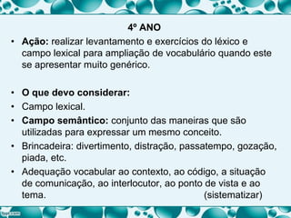 4º ANO
• Ação: realizar levantamento e exercícios do léxico e
campo lexical para ampliação de vocabulário quando este
se apresentar muito genérico.
• O que devo considerar:
• Campo lexical.
• Campo semântico: conjunto das maneiras que são
utilizadas para expressar um mesmo conceito.
• Brincadeira: divertimento, distração, passatempo, gozação,
piada, etc.
• Adequação vocabular ao contexto, ao código, a situação
de comunicação, ao interlocutor, ao ponto de vista e ao
tema. (sistematizar)
 