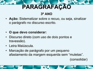 PARAGRAFAÇÃO
3º ANO
• Ação: Sistematizar sobre o recuo, ou seja, sinalizar
o parágrafo no discurso escrito.
• O que devo considerar:
• Discurso direto (com uso de dois pontos e
travessão).
• Letra Maiúscula.
• Marcação de parágrafo por um pequeno
afastamento da margem esquerda sem “muletas”.
(consolidar)
 