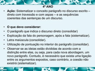 4º ANO
• Ação: Sistematizar o conceito parágrafo no discurso escrito –
direto com travessão e com aspas – e as sequências
coerentes das sentenças de um discurso.
• O que devo considerar:
• O parágrafo que indica o discurso direto (consolidar)
• Explicação da fala do personagem, após a fala (sistematizar).
• Letra maiúscula (consolidar).
• Utilização de pontuação no interior do parágrafo (consolidar).
• Observar se as ideias estão divididas de acordo com a
distinção entre elas, ou seja, para cada nova abordagem, um
novo parágrafo. Contudo, é necessário que exista uma ligação
entre os argumentos expostos, caso contrário, a coesão não
existirá (sistematizar).
 
