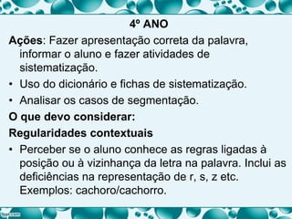 4º ANO
Ações: Fazer apresentação correta da palavra,
informar o aluno e fazer atividades de
sistematização.
• Uso do dicionário e fichas de sistematização.
• Analisar os casos de segmentação.
O que devo considerar:
Regularidades contextuais
• Perceber se o aluno conhece as regras ligadas à
posição ou à vizinhança da letra na palavra. Inclui as
deficiências na representação de r, s, z etc.
Exemplos: cachoro/cachorro.
 