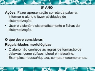 5º ANO
Ações: Fazer apresentação correta da palavra,
informar o aluno e fazer atividades de
sistematização.
• Usar o dicionário sistematicamente e fichas de
sistematização.
O que devo considerar:
Regularidades morfológicas
• O aluno não conhece as regras de formação de
palavras, como sufixos, plural e masculino.
Exemplos: riquesa/riqueza, compramo/compramos.
 