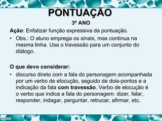 PONTUAÇÃO
3º ANO
Ação: Enfatizar função expressiva da pontuação.
• Obs.: O aluno emprega os sinais, mas continua na
mesma linha. Usa o travessão para um conjunto do
diálogo.
O que devo considerar:
• discurso direto com a fala do personagem acompanhada
por um verbo de elocução, seguido de dois-pontos e a
indicação da fala com travessão. Verbo de elocução é
o verbo que indica a fala do personagem: dizer, falar,
responder, indagar, perguntar, retrucar, afirmar, etc.
 