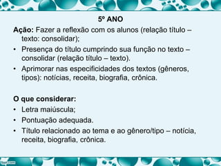 5º ANO
Ação: Fazer a reflexão com os alunos (relação título –
texto: consolidar);
• Presença do título cumprindo sua função no texto –
consolidar (relação título – texto).
• Aprimorar nas especificidades dos textos (gêneros,
tipos): notícias, receita, biografia, crônica.
O que considerar:
• Letra maiúscula;
• Pontuação adequada.
• Título relacionado ao tema e ao gênero/tipo – notícia,
receita, biografia, crônica.
 