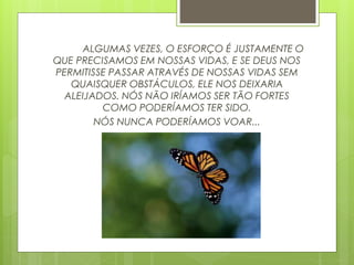 ALGUMAS VEZES, O ESFORÇO É JUSTAMENTE O
QUE PRECISAMOS EM NOSSAS VIDAS, E SE DEUS NOS
PERMITISSE PASSAR ATRAVÉS DE NOSSAS VIDAS SEM
QUAISQUER OBSTÁCULOS, ELE NOS DEIXARIA
ALEIJADOS. NÓS NÃO IRÍAMOS SER TÃO FORTES
COMO PODERÍAMOS TER SIDO.
NÓS NUNCA PODERÍAMOS VOAR...
 