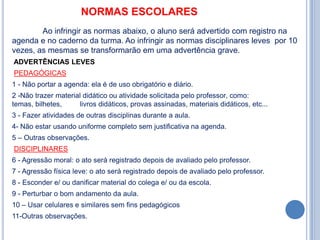 NORMAS ESCOLARES
        Ao infringir as normas abaixo, o aluno será advertido com registro na
agenda e no caderno da turma. Ao infringir as normas disciplinares leves por 10
vezes, as mesmas se transformarão em uma advertência grave.
ADVERTÊNCIAS LEVES
PEDAGÓGICAS
1 - Não portar a agenda: ela é de uso obrigatório e diário.
2 -Não trazer material didático ou atividade solicitada pelo professor, como:
temas, bilhetes,     livros didáticos, provas assinadas, materiais didáticos, etc...
3 - Fazer atividades de outras disciplinas durante a aula.
4- Não estar usando uniforme completo sem justificativa na agenda.
5 – Outras observações.
DISCIPLINARES
6 - Agressão moral: o ato será registrado depois de avaliado pelo professor.
7 - Agressão física leve: o ato será registrado depois de avaliado pelo professor.
8 - Esconder e/ ou danificar material do colega e/ ou da escola.
9 - Perturbar o bom andamento da aula.
10 – Usar celulares e similares sem fins pedagógicos
11-Outras observações.
 