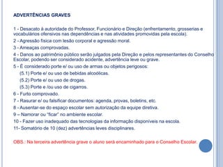 ADVERTÊNCIAS GRAVES

1 - Desacato à autoridade do Professor, Funcionário e Direção (enfrentamento, grosserias e
vocabulários ofensivos nas dependências e nas atividades promovidas pela escola).
2 - Agressão física com lesão corporal e agressão moral.
3 - Ameaças comprovadas.
4 - Danos ao patrimônio público serão julgados pela Direção e pelos representantes do Conselho
Escolar, podendo ser considerado acidente, advertência leve ou grave.
5 - É considerado porte e/ ou uso de armas ou objetos perigosos:
    (5.1) Porte e/ ou uso de bebidas alcoólicas.
    (5.2) Porte e/ ou uso de drogas.
    (5.3) Porte e /ou uso de cigarros.
6 - Furto comprovado.
7 - Rasurar e/ ou falsificar documentos: agenda, provas, boletins, etc.
8 - Ausentar-se do espaço escolar sem autorização da equipe diretiva.
9 – Namorar ou “ficar” no ambiente escolar.
10 - Fazer uso inadequado das tecnologias da informação disponíveis na escola.
11- Somatório de 10 (dez) advertências leves disciplinares.

OBS.: Na terceira advertência grave o aluno será encaminhado para o Conselho Escolar.
 