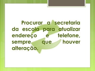 Procurar a secretaria
da escola para atualizar
endereço e telefone,
sempre que houver
alteração.
 