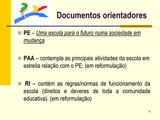 Documentos orientadores
 PE – Uma escola para o futuro numa sociedade em
mudança
 PAA – contempla as principais atividades da escola em
estreita relação com o PE; (em reformulação)
 RI – contém as regras/normas de funcionamento da
escola (direitos e deveres de toda a comunidade
educativa). (em reformulação)
15
 