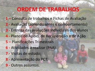 ORDEM DE TRABALHOS
1 – Consulta de trabalhos e Fichas de Avaliação
2 - Avaliação (aprendizagens e comportamento)
3 - Entrega das avaliações individuais dos alunos
4 - Planos de Apoio, de Recuperação e de Ação
5 – Planificações Trimestrais
6 - Atividades a realizar (PAA)
7 - Visitas de estudo;
8 - Apresentação do PCT;
9 - Outros assuntos.
 