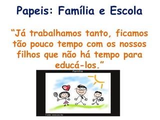 Papeis: Família e Escola “Já trabalhamos tanto, ficamos tão pouco tempo com os nossos filhos que não há tempo para educá-los.” 