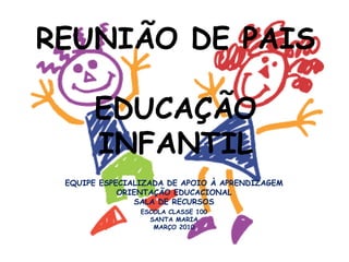 REUNIÃO DE PAIS  EDUCAÇÃO INFANTIL EQUIPE ESPECIALIZADA DE APOIO À APRENDIZAGEM ORIENTAÇÃO EDUCACIONAL SALA DE RECURSOS ESCOLA CLASSE 100 SANTA MARIA  MARÇO 2010 