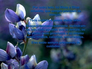 Por outro lado, há filhos e filhas miosótis, que sempre precisam de atenção.  Todo cuidado é pouco diante deles. Reagem desmesuradamente, melindram-se, são mais egoístas que os demais, ou às vezes, mais generosos e ao mesmo tempo tímidos, caladões, encurralados.  Eles estão sempre precisando de cuidados.  00 00 00 03 