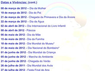 Datas e Vivências: (cont.)
08 de março de 2012 – Dia da Mulher
19 de março de 2012 - Dia do Pai
21 de março de 2012 - Chegada da Primavera e Dia da Árvore
22 de março de 2012 – Dia da Água
02 de abril de 2012 – Dia Internacional do Livro Infantil
08 de abril de 2012 - Páscoa
06 de maio de 2012 - Dia da Mãe
15 de maio de 2012 - Dia da Família
18 de maio de 2012 - Dia Mundial do Museu*
31 de maio de 2012 – Dia Nacional do Bombeiro*
01 de junho de 2012 - Dia Mundial da Criança
05 de junho de 2012 – Marcha do Ambiente
21 de junho de 2012 - Chegada do Verão
26 de julho de 2011 - Dia Mundial dos Avós
27 de julho de 2012 - Festa Final de Ano
 
