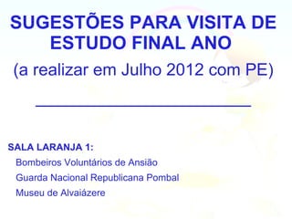 SUGESTÕES PARA VISITA DE
   ESTUDO FINAL ANO
(a realizar em Julho 2012 com PE)
     _____________________

SALA LARANJA 1:
 Bombeiros Voluntários de Ansião
 Guarda Nacional Republicana Pombal
 Museu de Alvaiázere
 