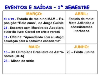 EVENTOS E SAÍDAS – 1º SEMESTRE MARÇO: 16 a 19 -  Estudo de meio no MAM – Ex- posição:“Belo caos”, de Jorge Guinle 24 -   Encontro com  Moreira de Acopiara,  autor do livro:   Cordel em arte e versos 31 -   Oficina:  “Aprendendo com a Lataço:   educação para o consumo consciente” ABRIL: Estudo de meio: Mata Atlântica e ecossistemas litorâneos MAIO: 15 –  XII Olimpíada Brasileira de Astro- nomia (OBA) 23 –  Missa da série JUNHO: 20 – Festa Junina 