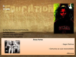 Surdez Neurossensorial Profunda
Autismo Atípico
Não tem linguagem Verbal
Hipotiroidismo Congénito
Áreas Fortes
- Seguir Rotinas
- Comunica as suas necessidades
- Afetuosa

 