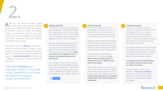 Reuniões: necessárias ou disfuncionais? 10
Antes de mais nada, a primeira medida
que você deve tomar é mensurar quantas
horas da sua semana são gastas em reuniões.
Só com esse número em mãos, será possível
mudar o seu panorama atual. Se não houver
um parâmetro, você não saberá como melhorar.
E, para fazer esse cálculo, você precisa registrar
corretamente as suas horas.
Ferramentas como o Runrun.it te ajudam a
mensurar o tempo dedicado a reuniões e outras
atividades. Ao apertar ‘play’, pausar e entregar as
tarefas, o sistema registra as horas trabalhadas
e gera um timesheet automático. Os dados são
fundamentais para tornar suas reuniões mais
produtivas.
Veja agora 9 dicas para
organizar melhor as reuniões,
evitar o desperdício de tempo
dos gestores e equipes,
e fugir de armadilhas:
Objetivo definido
Uma reunião sem intenções bem definidas
pode apenas gastar o tempo dos presentes,
não chegar a lugar nenhum e muito menos
trazer resultados futuros. É a hora do gestor
traçar um propósito claro, desenvolver uma
agenda e informar a todos os presentes.
Elaborar uma lista dos tópicos que serão
discutidos é fundamental para organizar
a reunião com início, meio e fim. Isso tudo
agiliza o andamento do debate e facilita a
comunicação entre os funcionários. Foque
no máximo em três objetivos, que é o
número considerado ideal para uma
boa reunião.
Em um artigo na Forbes, o empreendedor e
especialista em marketing digital, Neil Patel,
faz uma recomendação para a definição do
objetivo de uma reunião. Ele sugere seguir
o modelo SMART (em português, específico,
mensurável, alcançável, realista e oportuno).
1 Pauta da reunião
É importante também fornecer aos
participantes o material do que estará
em pauta. O envio, com pelo menos um
dia de antecedência, permitirá que todos
os convidados do encontro se preparem.
Segundo o CEO da empresa de Realidade
Virtual norte-americana Penrose Studios,
Eugene Chung, “as melhores reuniões são
aquelas em que há mais tempo investido
na preparação do que na duração delas”.
Isso facilita para os colaboradores
contribuírem com novas ideias. Vale
deixar a pauta à mostra durante a
reunião para evitar o debate do que
está fora da agenda.
Assim, o gestor ganha com uma discussão
construtiva e consegue alcançar o objetivo
definido. Não se esqueça de incluir tempo
o bastante para a discussão de cada tópico.
Coloque 20% menos itens na sua agenda
e disponibilize 20% mais de tempo para
cada debate.
2
2.
Leia aqui
3 Controle do tempo
Pode parecer uma premissa básica,
mas que nem sempre ocorre no dia a dia.
Você deve ter horário para começar
e encerrar a reunião da sua equipe e
cumpri-los pontualmente. Observe e
gerencie o relógio para obter uma reunião
efetiva e fazer o tempo de cada um dos
participantes valer a pena.
Se ninguém administrar o horário, fica fácil
de se perder e ultrapassar o tempo, sendo
que muitas vezes com debates infrutíferos.
Esta organização da hora de início e fim
ajudará a trazer resultados melhores.
A duração do encontro também deve
ser fixada: as boas reuniões duram,
em média, 30 minutos.
O empreendedor americano Gary
Vaynerchuk conta a sua estratégia de
cortar as suas reuniões pela metade
Segundo ele, a mudança trouxe bons
resultados e elogios de seus parceiros
de negócios.
 