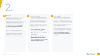 Reuniões: necessárias ou disfuncionais? 12
Anotações
Agora sim, passamos da fase preparatória
e estamos dentro da reunião. E uma
das habilidades importantes é fazer
anotações sobre as discussões. Cada um
deve anotar sobre os projetos futuros, as
decisões tomadas, as funções designadas
a si próprio, assim como o líder deverá
ter uma lista das responsabilidades
destinadas a cada um.
Fazer esta relação de anotações traz
clareza do que foi resolvido no encontro,
e destaca a responsabilidade de cada
colaborador para atingir os objetivos
definidos lá no começo deste processo.
7 Gerenciar a conversa
É uma das funções do gestor encorajar
e orientar a discussão dos temas propostos
na agenda, além de buscar possíveis
soluções. Abra espaço para as pessoas
falarem, preze pela interatividade e
estimule o debate. Também é importante
pensar em quem deve ser ouvido para a
pauta em questão:
• Quem é afetado pelos resultados
e precisa expor sua opinião?
• Quem é mais provável que tenha uma
visão diferente?
• Quem pode alertar sobre algum erro
ou ausência de algo na discussão?
• Como os profissionais com mais tempo
de empresa podem contribuir?
8
2.
9 Plano de ações
Após o término da reunião, vamos aos
próximos passos. Se os colaboradores
saírem com dúvidas sobre o que devem
fazer agora, é sinal que o encontro não deu
certo. Assegure que todos compreenderam
as tarefas a serem seguidas pela empresa
ou pela equipe em questão.
Faça a ata da reunião, com o resumo das
principais medidas tomadas e o plano das
ações programadas. Com isso em mãos,
envie um e-mail aos participantes
comos prazos e as responsabilidades
de cada um.
 