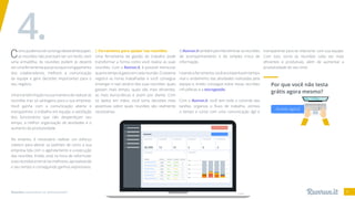 Reuniões: necessárias ou disfuncionais? 19
Comopudemosveraolongodestewhitepaper,
as reuniões não precisam ser um fardo, nem
uma armadilha. As reuniões podem (e devem)
serumaferramentaqueprovoqueoengajamento
dos colaboradores, melhore a comunicação
da equipe e gere decisões importantes para o
seu negócio.
Uma transformação na sua maneira de realizar as
reuniões traz só vantagens para a sua empresa.
Você ganha com a comunicação aberta e
transparente, o trabalho em equipe, a satisfação
dos funcionários que não desperdiçam seu
tempo, a melhor organização de atividades e o
aumento da produtividade.
No entanto, é necessário realizar um esforço
coletivo para alterar os padrões de como a sua
empresa lida com o agendamento e a execução
das reuniões. Então, está na hora de reformular
suas reuniões e torná-las melhores, aproveitando
o seu tempo e conseguindo ganhos expressivos.
| Ferramenta para ajudar nas reuniões
Uma ferramenta de gestão do trabalho pode
transformar a forma como você realiza as suas
reuniões. Com o Runrun.it, é possível mensurar
quantotempoégastoemcadareunião.Osistema
registra as horas trabalhadas e você consegue
enxergar o real cenário das suas reuniões: quais
gastam mais tempo, quais são mais eficientes,
as mais burocráticas e assim por diante. Com
os dados em mãos, você toma decisões mais
assertivas sobre quais reuniões são realmente
necessárias.
4. ORunrun.ittambémpermiteeliminarasreuniões
de acompanhamento e de simples troca de
informação.
Usandoaferramenta,vocêacompanhaemtempo
real o andamento das atividades realizadas pela
equipe e, então, consegue evitar essas reuniões
infrutíferas e a microgestão.
Com o Runrun.it, você tem todo o controle das
tarefas, organiza o fluxo de trabalho, otimiza
o tempo e conta com uma comunicação ágil e
transparente para se relacionar com sua equipe.
Com isso, torna as reuniões cada vez mais
eficientes e produtivas, além de aumentar a
produtividade do seu time.
Por que você não testa
grátis agora mesmo?
Acesse agora!
 