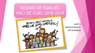 REUNIÓ DE FAMILIES
INICI DE CURS 2018-2019
4 ANYS B
EDUCACIÓ INFANTIL
CEIP SA BODEGA
 