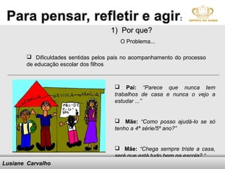 1) Por que?
                                              O Problema...

         Dificuldades sentidas pelos pais no acompanhamento do processo
        de educação escolar dos filhos



                                            Pai: “Parece que nunca tem
                                           trabalhos de casa e nunca o vejo a
                                           estudar ...”


                                            Mãe: “Como posso ajudá-lo se só
                                           tenho a 4ª série/5º ano?”


                                            Mãe: “Chega sempre triste a casa,
                                           será que está tudo bem na escola? “
Lusiane Carvalho               Here comes your footer
 