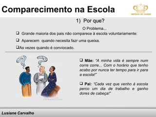 Comparecimento na Escola
                                         1) Por que?
                                         O Problema...
        Grande maioria dos pais não comparece à escola voluntariamente:
        Aparecem quando necesita fazr uma queixa.
       As vezes quando é conviocado.


                                             Mãe: “A minha vida é sempre num
                                            corre corre... Com o horário que tenho
                                            acabo por nunca ter tempo para ir para
                                            a escola!”

                                             Pai: “Cada vez que venho à escola
                                            perco um dia de trabalho e ganho
                                            dores de cabeça!”




Lusiane Carvalho                Here comes your footer
 