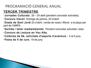 TERCER TRIMESTRE 
Jornades Culturals: 20 – 24 abril (pendent concretar activitats). 
Concurs literari. Entrega de premis, 23 d’abril 
Diada de Sant Jordi 23 d’abril, venda de roses i llibres a la plaça per 
part de l’AMPA . 
Sortida i taller mediambiental. Pendent concretar activitats i data 
Concurs de Lectura en Veu Alta. 
Colònies de 6è, activitats d’esports d’aventura : 3 al 5 juny. 
Festa de fi de curs. 19 de juny 
 