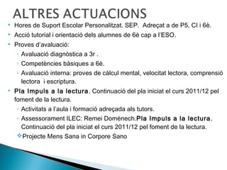  Hores de Suport Escolar Personalitzat. SEP. Adreçat a de P5, CI i 6è. 
 Acció tutorial i orientació dels alumnes de 6è cap a l’ESO. 
 Proves d’avaluació: 
◦ Avaluació diagnòstica a 3r . 
◦ Competències bàsiques a 6è. 
◦ Avaluació interna: proves de càlcul mental, velocitat lectora, comprensió 
lectora i escriptura. 
 Pla Impuls a la lectura. Continuació del pla iniciat el curs 2011/12 pel 
foment de la lectura. 
◦ Activitats a l’aula i formació adreçada als tutors. 
◦ Assessorament ILEC: Remei Domènech.Pla Impuls a la lectura. 
Continuació del pla iniciat el curs 2011/12 pel foment de la lectura. 
Projecte Mens Sana in Corpore Sano 
 