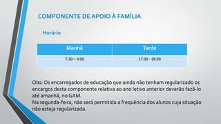 COMPONENTE DE APOIO À FAMÍLIA 
Horário 
Manhã Tarde 
7:30 – 9:00 17:30 - 18:30 
Obs: Os encarregados de educação que ainda não tenham regularizado os 
encargos desta componente relativa ao ano letivo anterior deverão fazê-lo 
até amanhã, no GAM. 
Na segunda-feira, não será permitida a frequência dos alunos cuja situação 
não esteja regularizada. 
 