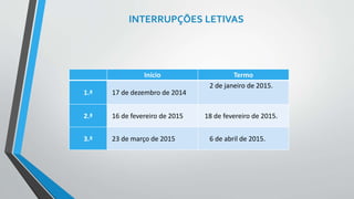 INTERRUPÇÕES LETIVAS 
Início Termo 
1.ª 17 de dezembro de 2014 
2 de janeiro de 2015. 
2.ª 16 de fevereiro de 2015 18 de fevereiro de 2015. 
3.ª 23 de março de 2015 6 de abril de 2015. 
 