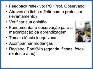 <ul><li>Feedback reflexivo: PC+Prof. Observado </li></ul><ul><li>Através da ficha refletir com o professor (levantamento) ...