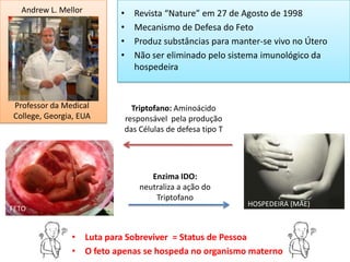 Andrew L. Mellor       •   Revista “Nature” em 27 de Agosto de 1998
                         •   Mecanismo de Defesa do Feto
                         •   Produz substâncias para manter-se vivo no Útero
                         •   Não ser eliminado pelo sistema imunológico da
                             hospedeira


Professor da Medical        Triptofano: Aminoácido
College, Georgia, EUA     responsável pela produção
                          das Células de defesa tipo T




                                 Enzima IDO:
                              neutraliza a ação do
                                  Triptofano
                                                         HOSPEDEIRA (MÃE)
FETO


               • Luta para Sobreviver = Status de Pessoa
               • O feto apenas se hospeda no organismo materno
 