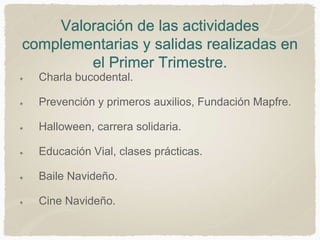Valoración de las actividades
complementarias y salidas realizadas en
el Primer Trimestre.
Charla bucodental.
Prevención y primeros auxilios, Fundación Mapfre.
Halloween, carrera solidaria.
Educación Vial, clases prácticas.
Baile Navideño.
Cine Navideño.
 
