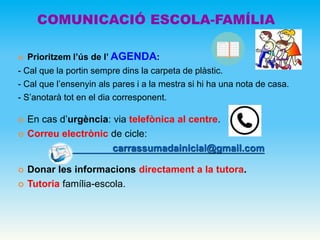 COMUNICACIÓ ESCOLA-FAMÍLIA
 Prioritzem l’ús de l’ AGENDA:
- Cal que la portin sempre dins la carpeta de plàstic.
- Cal que l’ensenyin als pares i a la mestra si hi ha una nota de casa.
- S’anotarà tot en el dia corresponent.
 En cas d’urgència: via telefònica al centre.
 Correu electrònic de cicle:
carrassumadainicial@gmail.com
 Donar les informacions directament a la tutora.
 Tutoria família-escola.
 