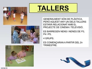 TALLERS
 GENERALMENT SÓN DE PLÀSTICA,
 PERÒ AQUEST ANY UN DELS TALLERS
 ESTARÀ RELACIONAT AMB EL
 PROJECTE DE CINEMA I TELEVISIÓ.
 ES BARREGEN NENS I NENES DE P3,
 P4 I P5.
 4 GRUPS.
 ES COMENÇARAN A PARTIR DEL 2n
 TRIMESTRE.
 