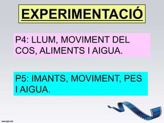 EXPERIMENTACIÓ
P4: LLUM, MOVIMENT DEL
COS, ALIMENTS I AIGUA.


P5: IMANTS, MOVIMENT, PES
I AIGUA.
 
