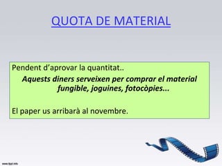 QUOTA DE MATERIAL


Pendent d’aprovar la quantitat..
  Aquests diners serveixen per comprar el material
            fungible, joguines, fotocòpies...

El paper us arribarà al novembre.
 