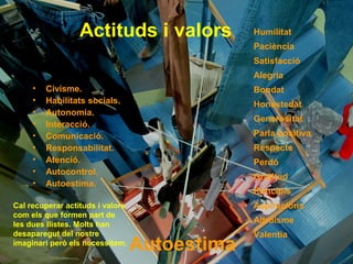 Actituds i valors
• Civisme.
• Habilitats socials.
• Autonomia.
• Interacció.
• Comunicació.
• Responsabilitat.
• Atenció.
• Autocontrol.
• Autoestima.
Humilitat
Paciència
Satisfacció
Alegria
Bondat
Honestedat
Generositat
Parla positiva
Respecte
Perdó
Gratitud
Principis
Aspiracions
Altruisme
Valentia
Autoestima
Cal recuperar actituds i valors
com els que formen part de
les dues llistes. Molts han
desaparegut del nostre
imaginari però els necessitem.
 