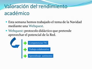 Valoración del rendimiento
académico
 Esta semana hemos trabajado el tema de la Navidad
  mediante una Webquest.
 Webquest: protocolo didáctico que pretende
  aprovechar el potencial de la Red.

               Competencias TIC

               Trabajo colaborativo

               Aprendizaje autónomo
 